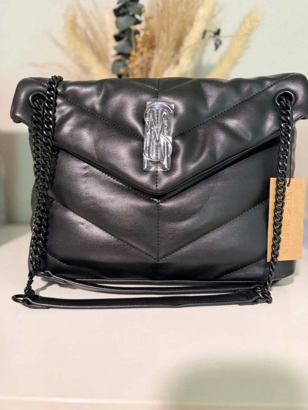 Steve Madden Black Quilted Chevron Shoulder Bag with Chain Strap - Picture 4 of 4